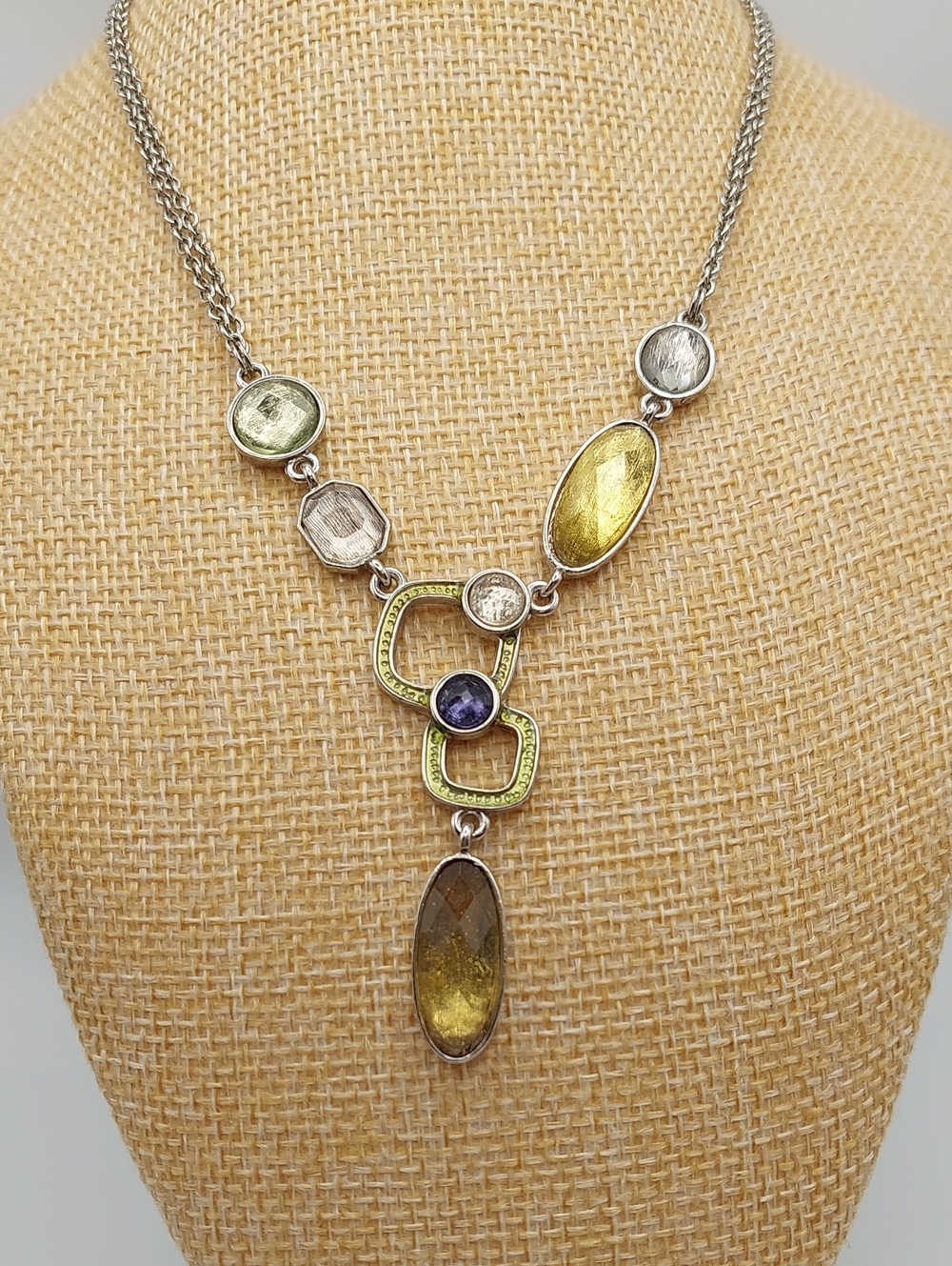 Lia Sophia Multi-Stone Asymmetrical Silvertone Pendant Y- Necklace Y2K